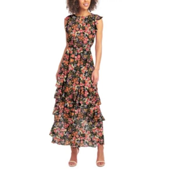 Rachel Roy Women's Issa Chiffon Black Floral Print Tiered Ruffle Maxi Dress 14 - Picture 2 of 13